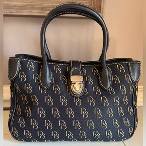 Dooney & Bourke Monogram Small Satchel Black Leather & Fabric Silver Buckle